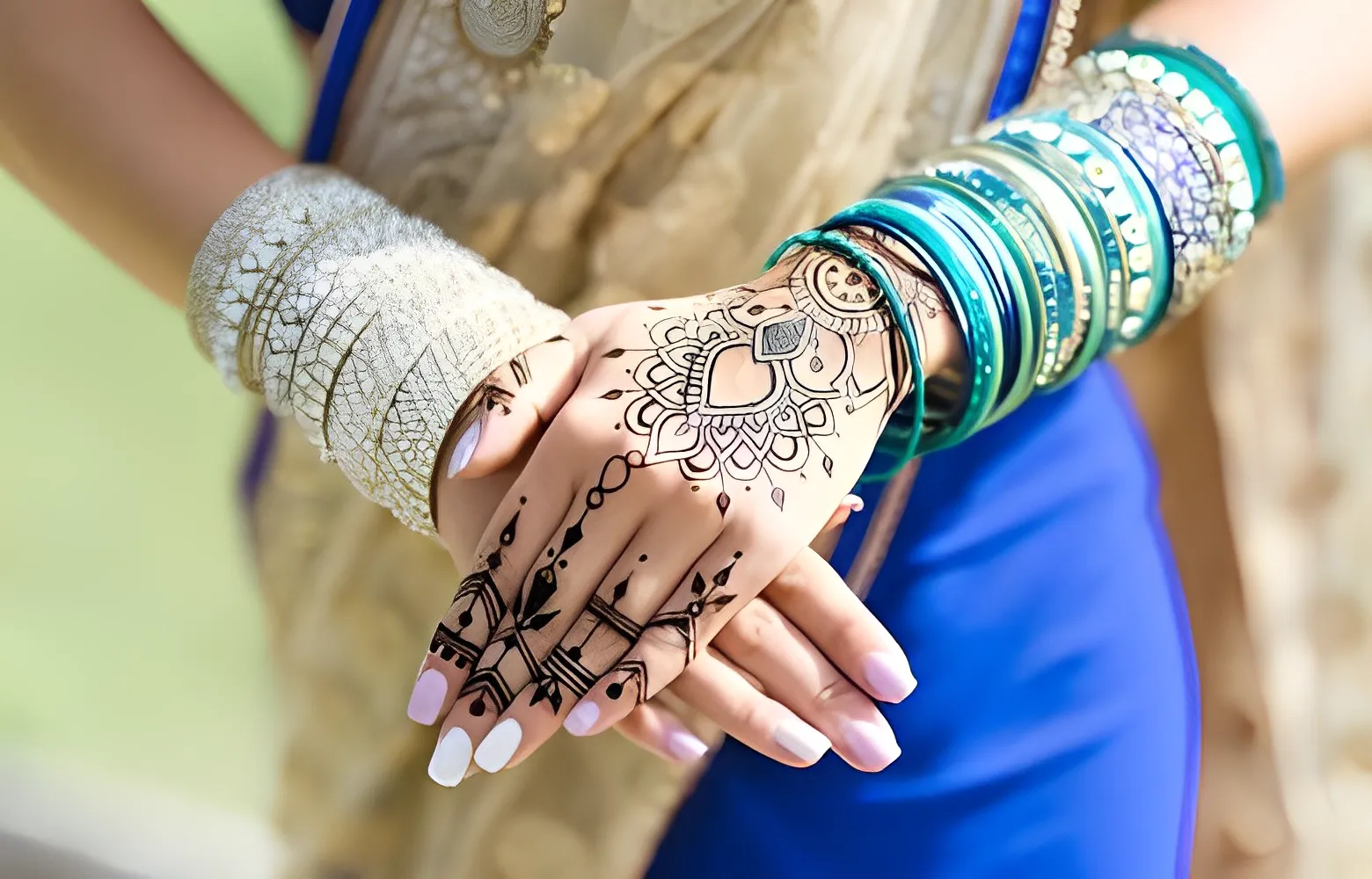 Pakistani arabic Back Hand Mehndi Design on women wearing blue saree