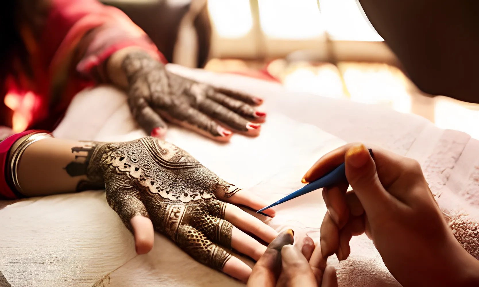 mehndi artist making mehndi on bridals hand