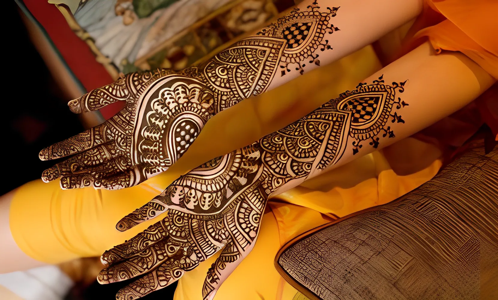 pakistani indian bride showing mehndi designs